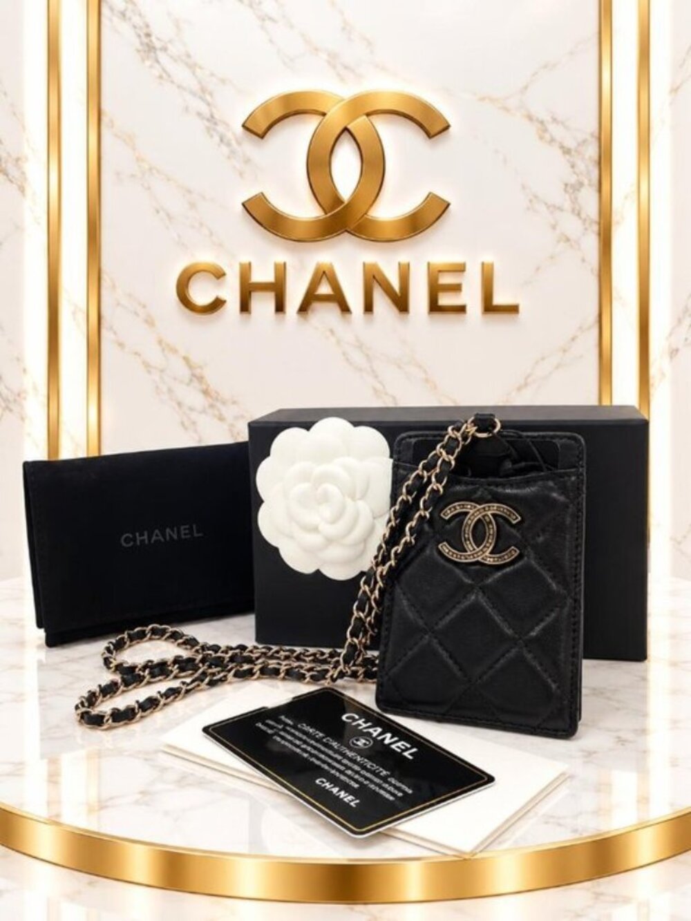 Authentic Chanel Black Quilted Leather Mini Phone Holder Chain Crossbody Bag